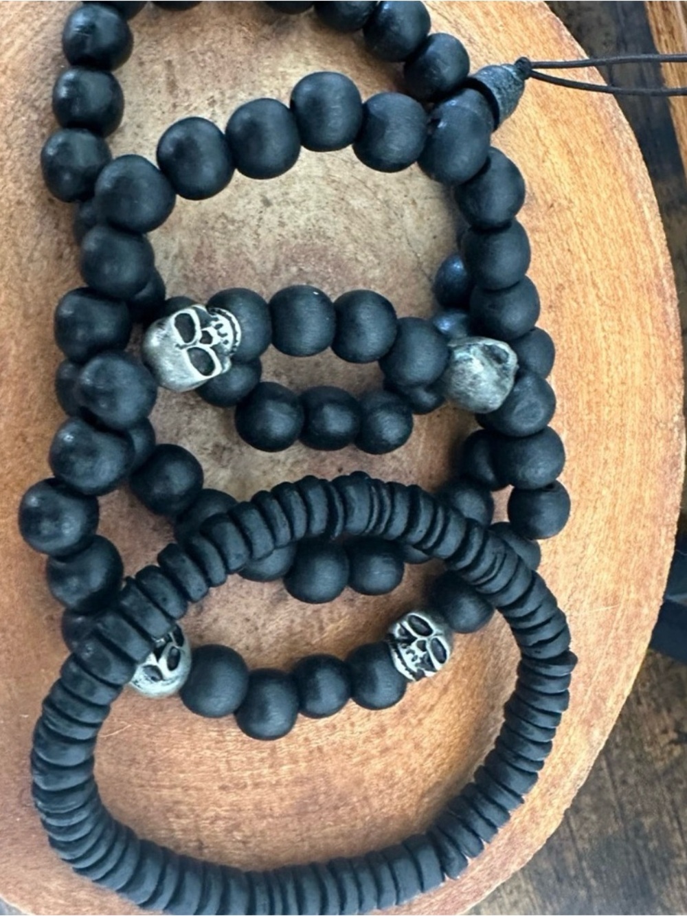 Men's Black Beaded Skull Bracelet Set - Stylish Stackable Accessories